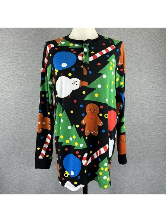 LuLaRoe Tops - LuLaRoe Tunic Shirt Womens Size XS Black Christmas Theme Long Sleeve Henley Neck